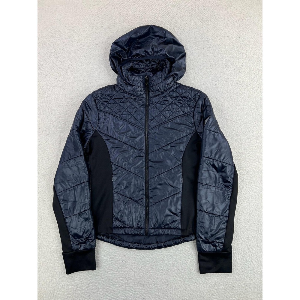 Guess Jacket Womens Medium Blue Hooded Quilted Puffer Zip Pockets Logo Outdoor